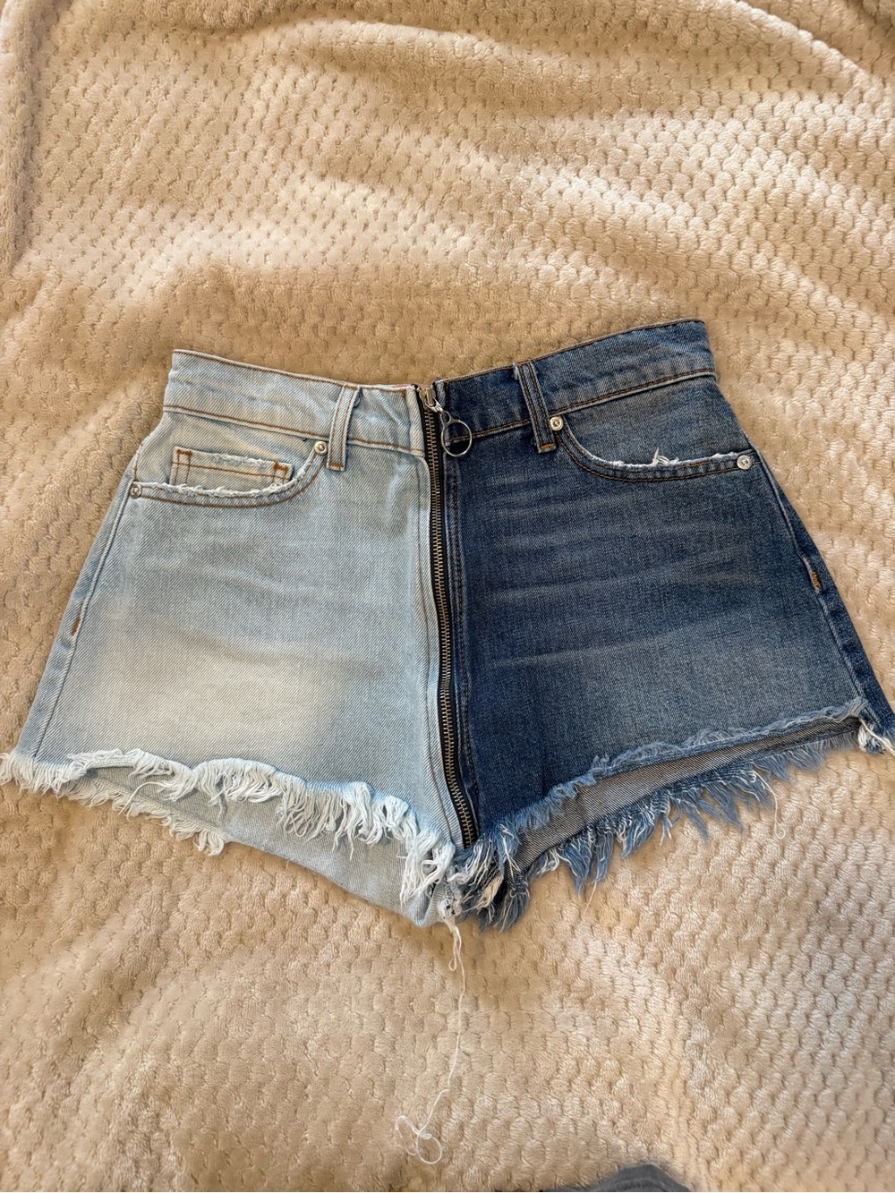 REVICE Two-Tone High-Rise Frayed Hem Jean Shorts - Light & Dark Blue